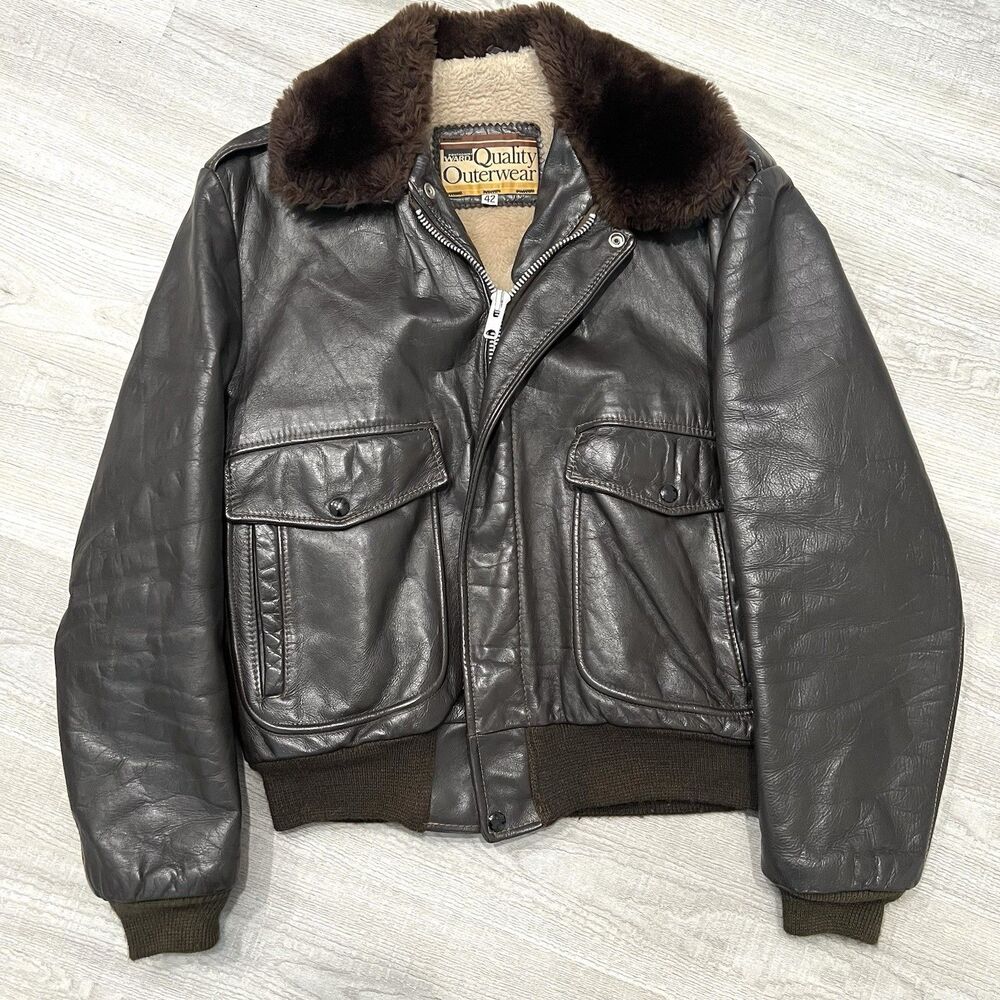 Vintage Montgomery Ward Sherpa Lined G-1 Leather Flight Jacket Size 42 Brown